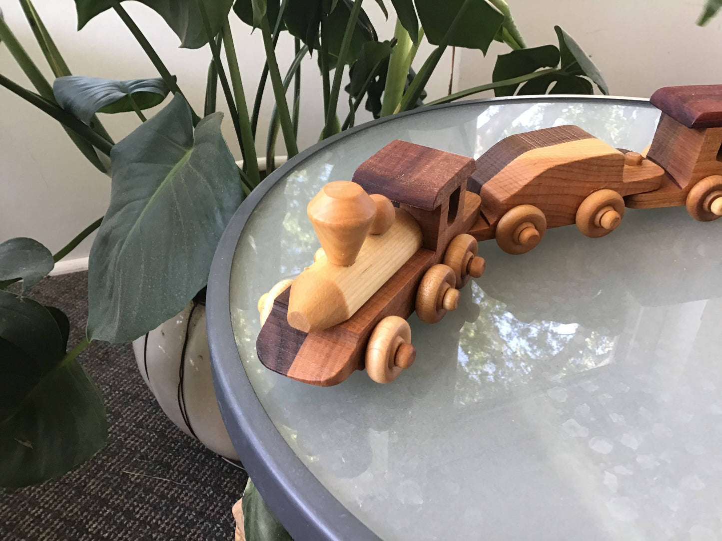 Wooden toy train on a glass table with plants in the background