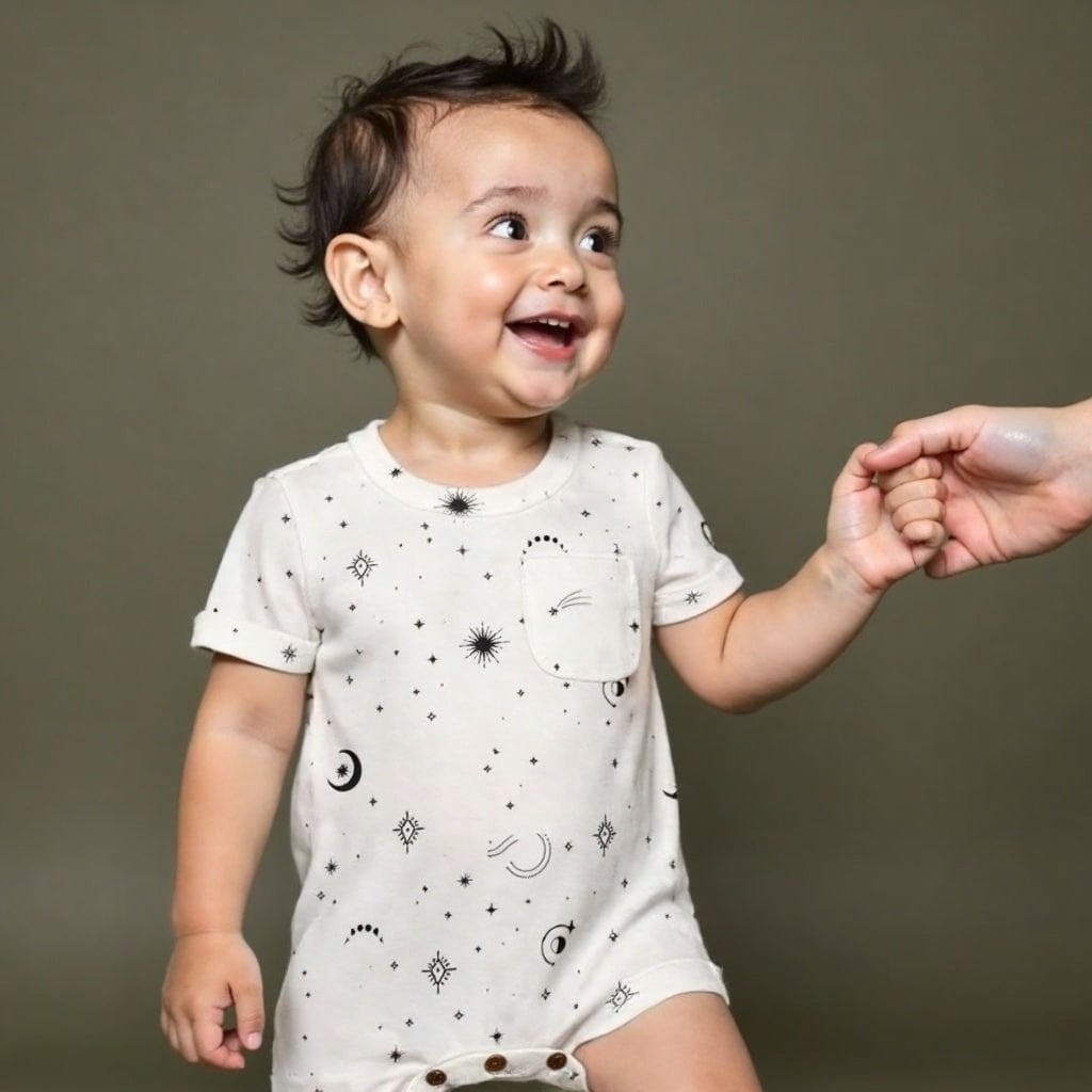 Child wearing a white onesie with black patterns, standing against a brown background