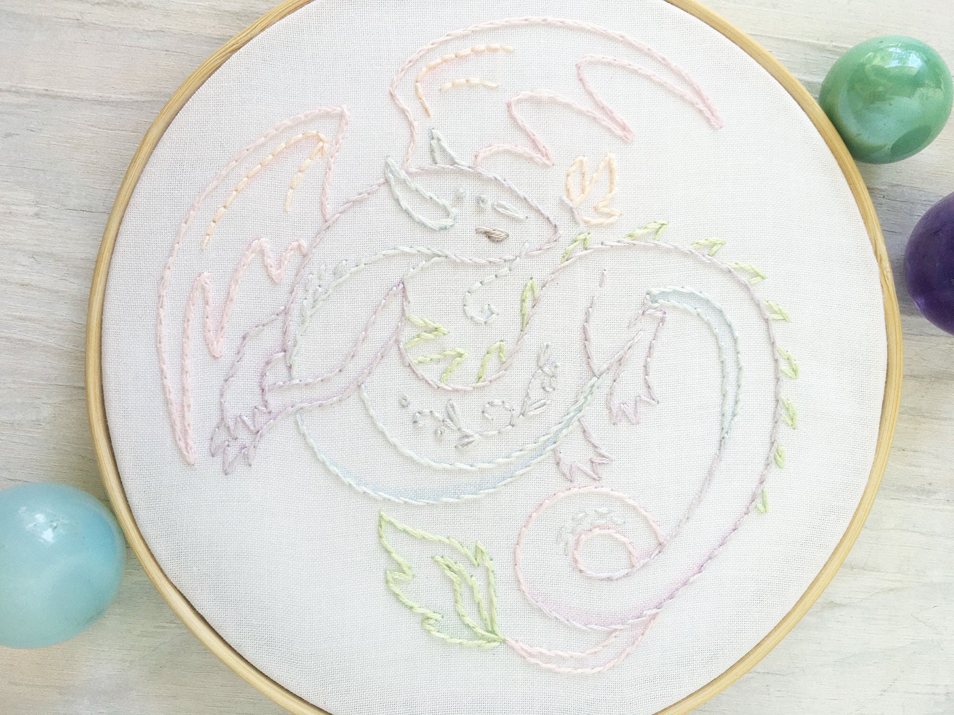 Embroidery hoop with a dragon design on white fabric, surrounded by colorful embroidery threads.