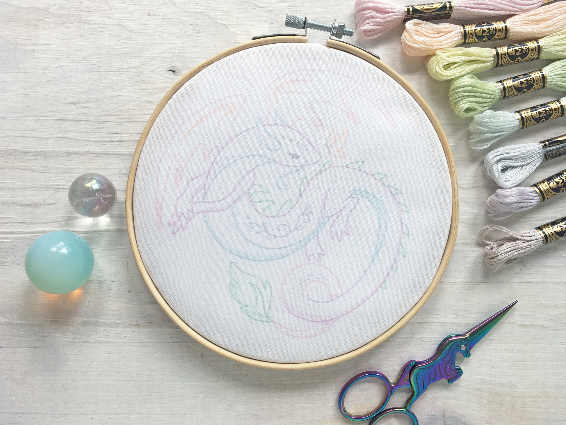 Embroidery hoop with dragon design on white fabric, surrounded by embroidery threads and scissors on a light wooden surface.