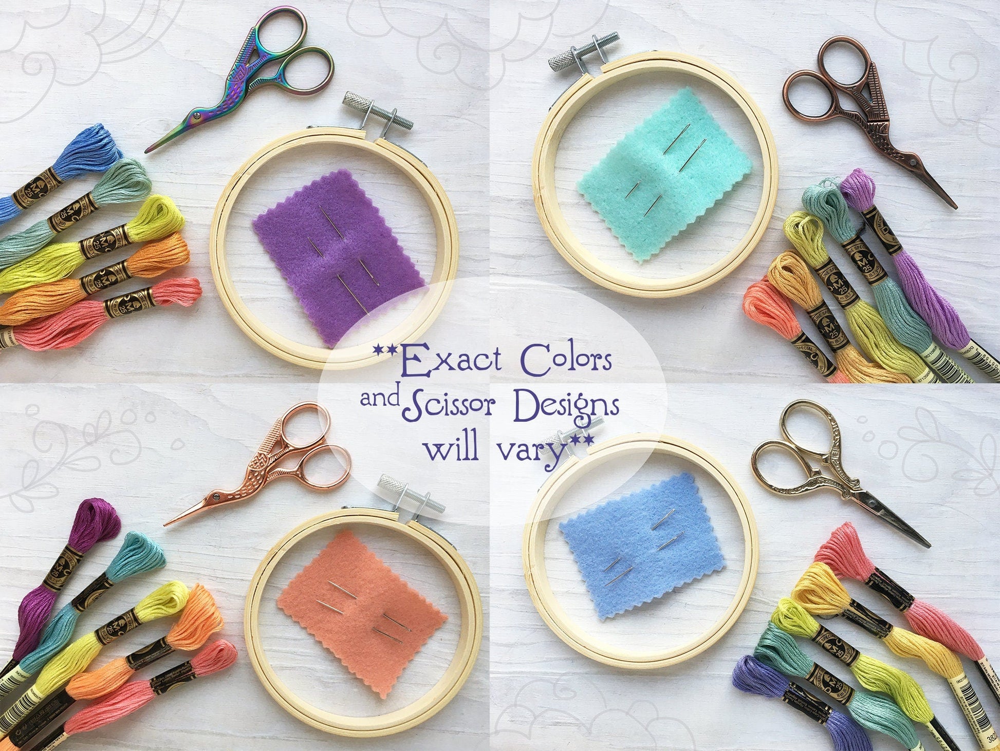 Embroidery hoops with colorful threads and scissors on a white background
