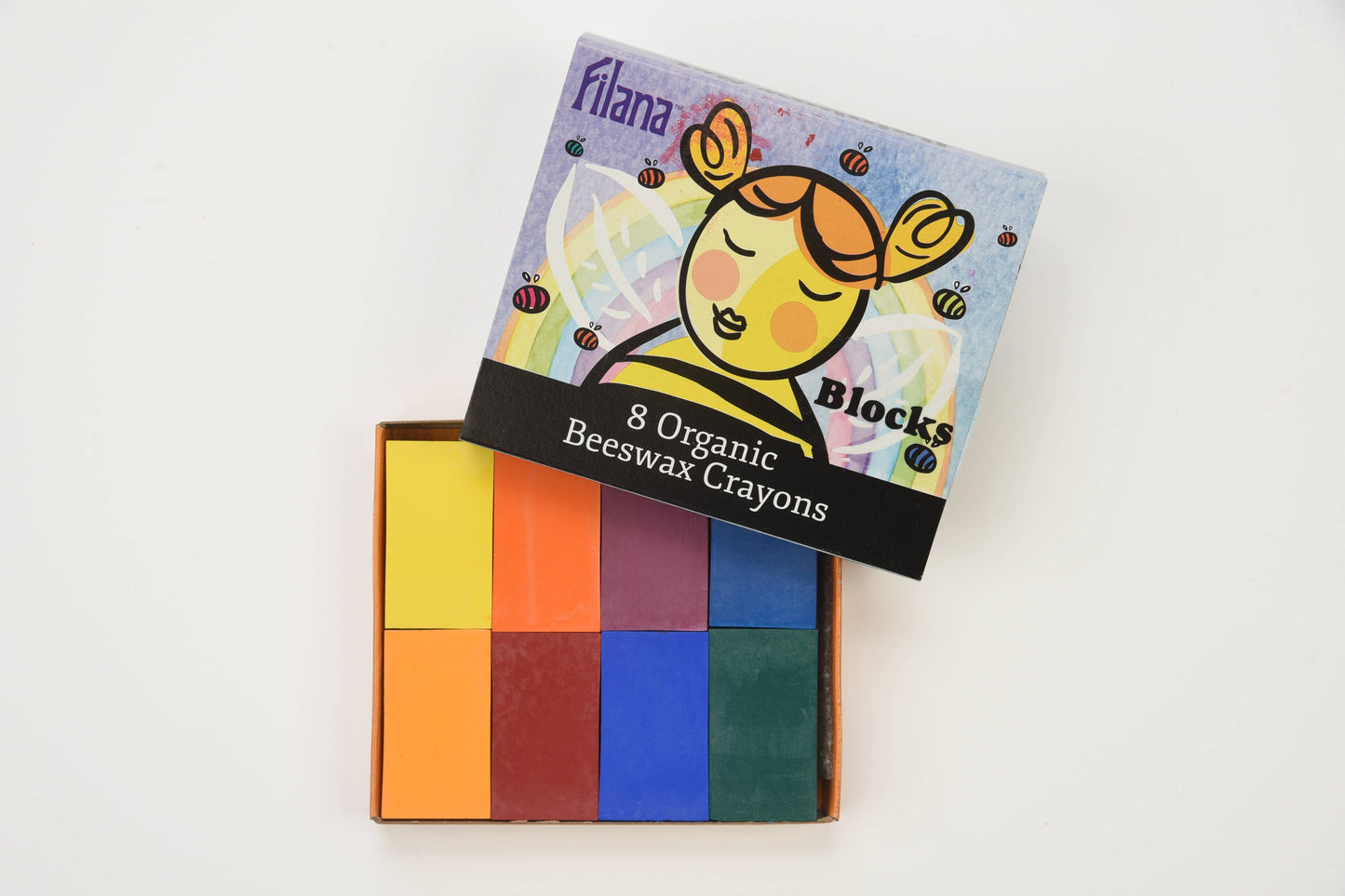 Box of 8 organic beeswax crayons with a cartoon bee on the packaging.
