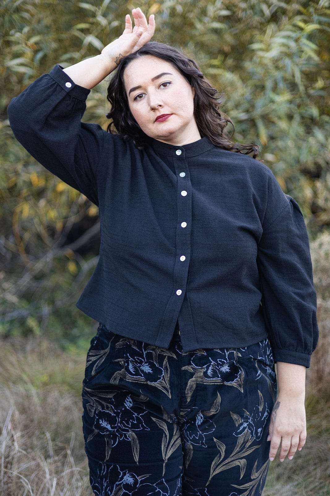 Drama Top in Black Textured Heavy Linen
