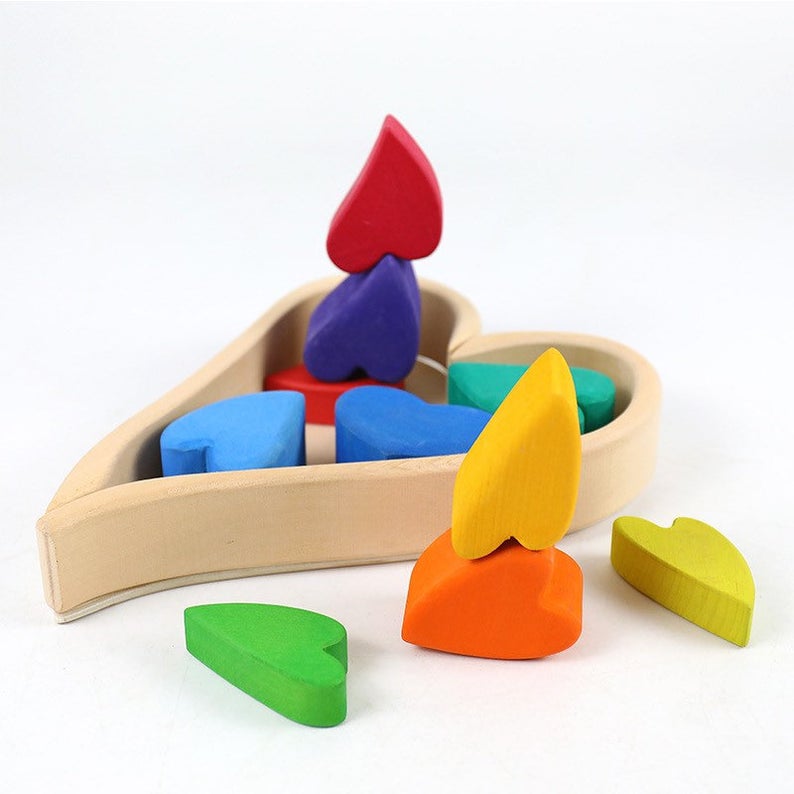 Stained Wooden Rainbow Heart Stacking Puzzle Blocks