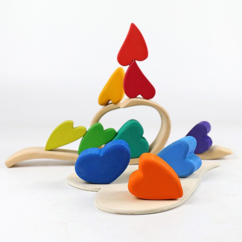 Stained Wooden Rainbow Heart Stacking Puzzle Blocks