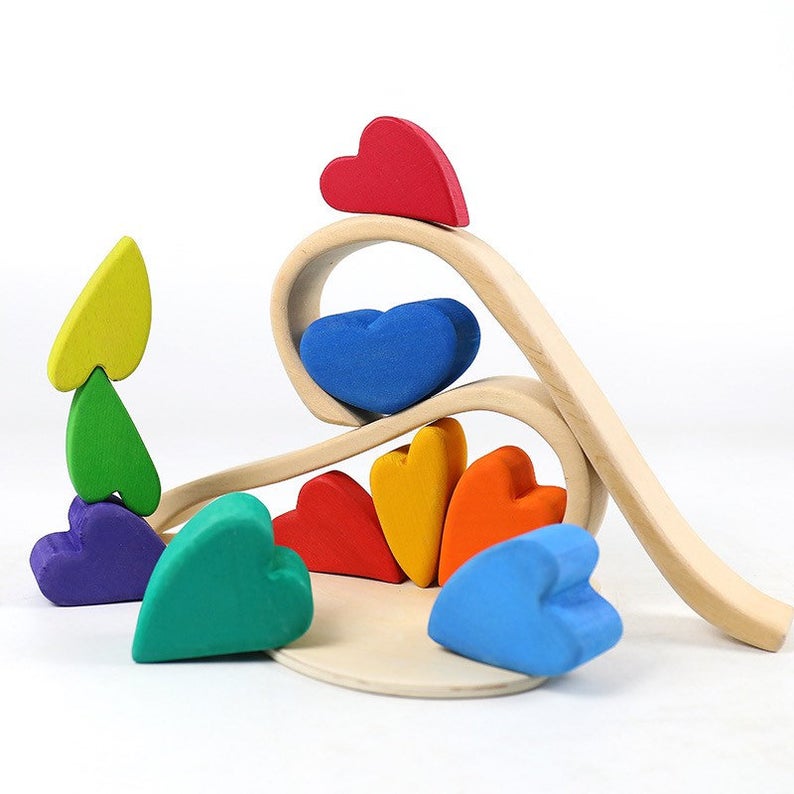 Stained Wooden Rainbow Heart Stacking Puzzle Blocks