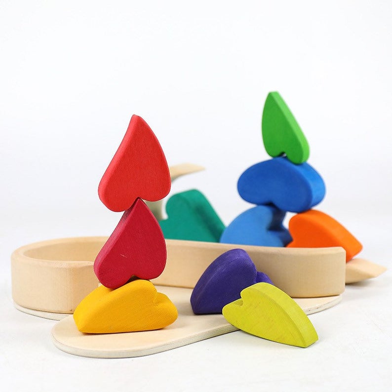 Stained Wooden Rainbow Heart Stacking Puzzle Blocks