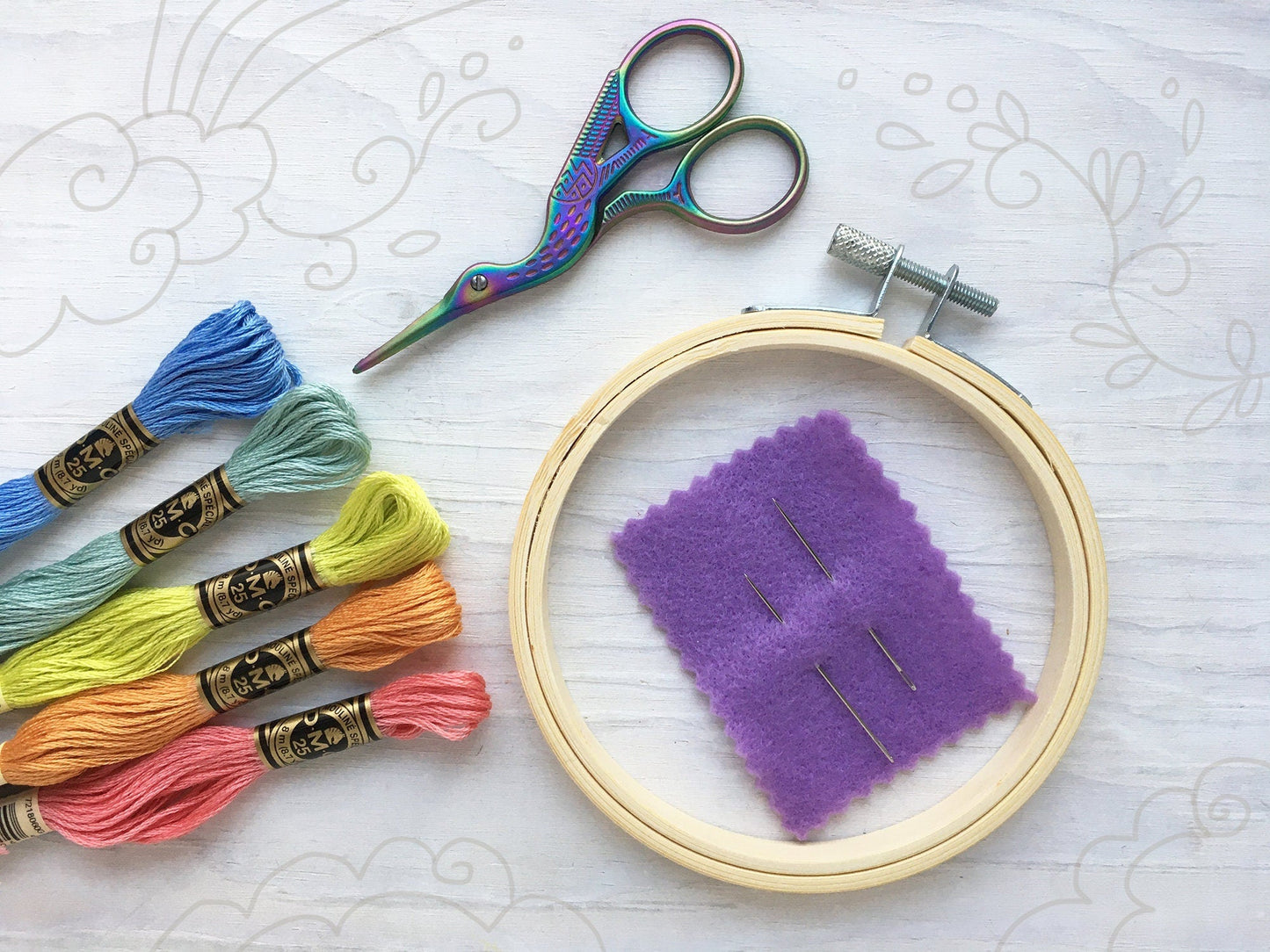 Hand Embroidery Start Up Supply Kit, floss, needles, scissors, hoop