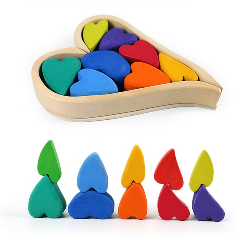 Stained Wooden Rainbow Heart Stacking Puzzle Blocks