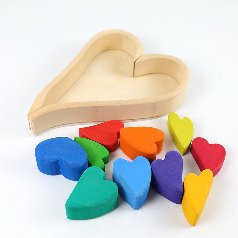 Stained Wooden Rainbow Heart Stacking Puzzle Blocks