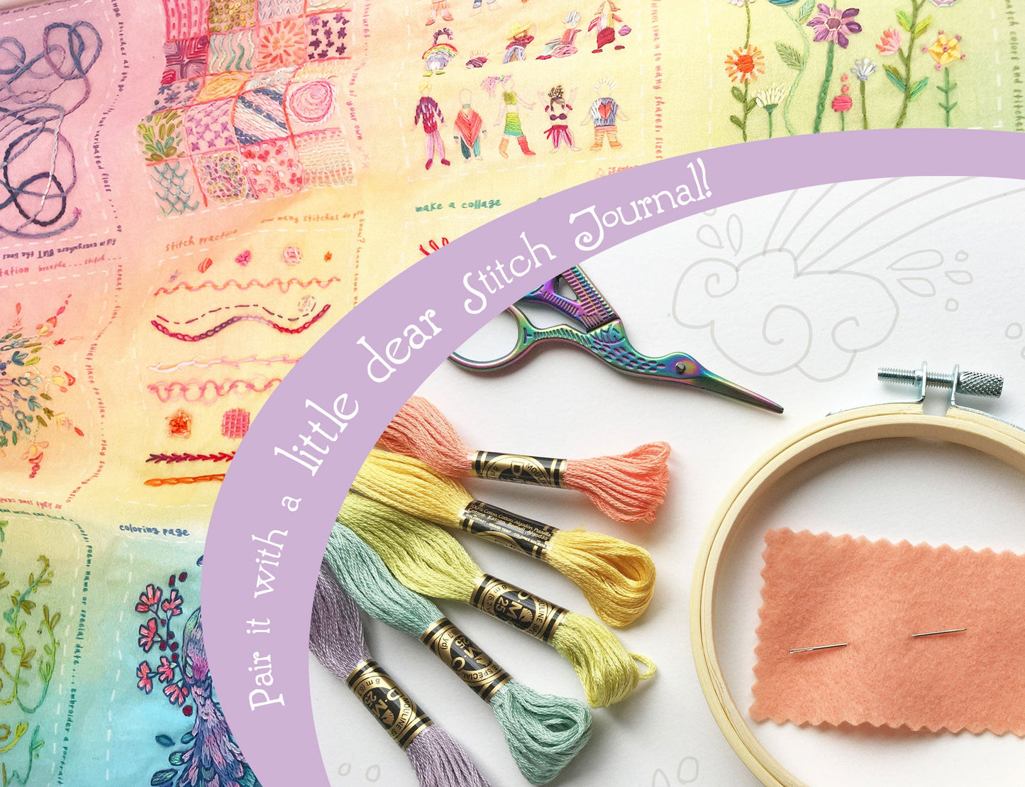 Embroidery tools and materials with a 'little dear Stitch Journal' on a colorful background