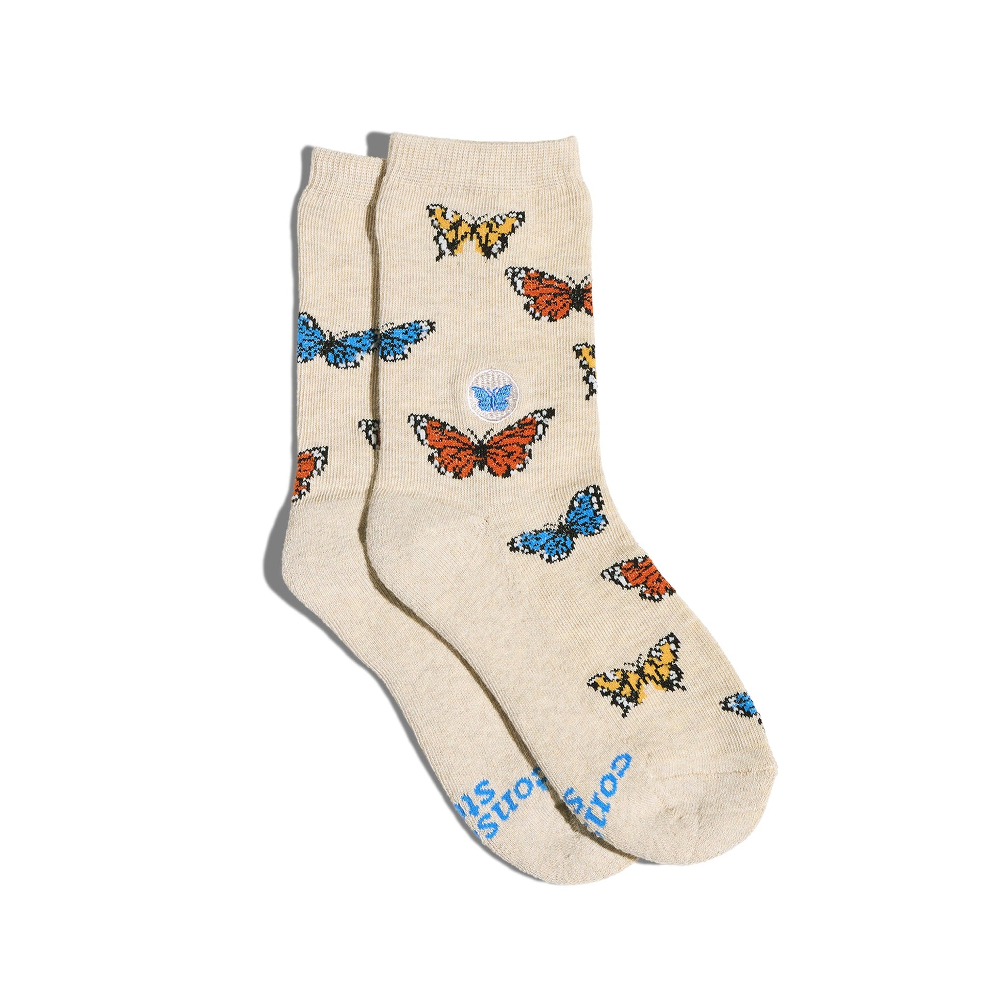 Beige socks with colorful butterfly patterns on a white background