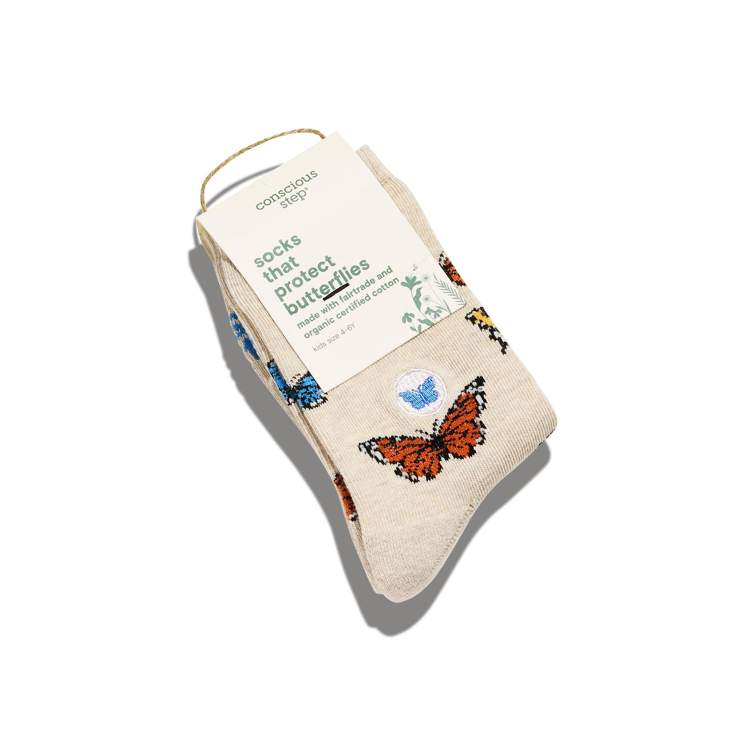 Pack of socks with butterfly design and packaging on a white background