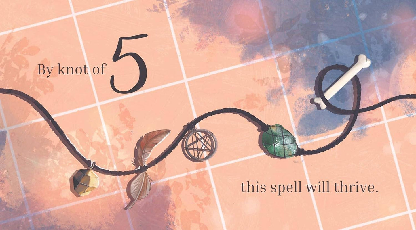 Book page illustration of rope with pendant on a patterned background with text 'By knot of 5 this spell will thrive'.