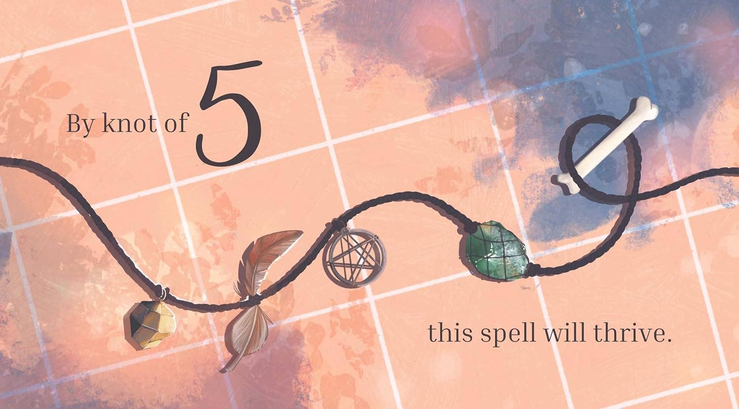 Book page illustration of rope with pendant on a patterned background with text 'By knot of 5 this spell will thrive'.