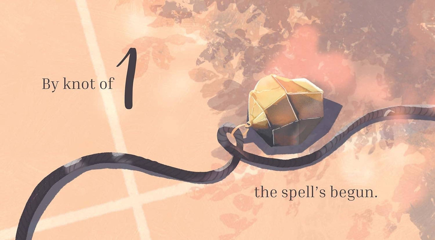 Book page illustration gold geometric pendant on a black cord with text 'By knot of 1, the spell's begun.' on a textured background.