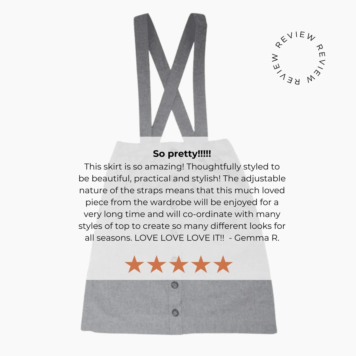 Gray skirt with suspenders on a white background, featuring a five-star review.