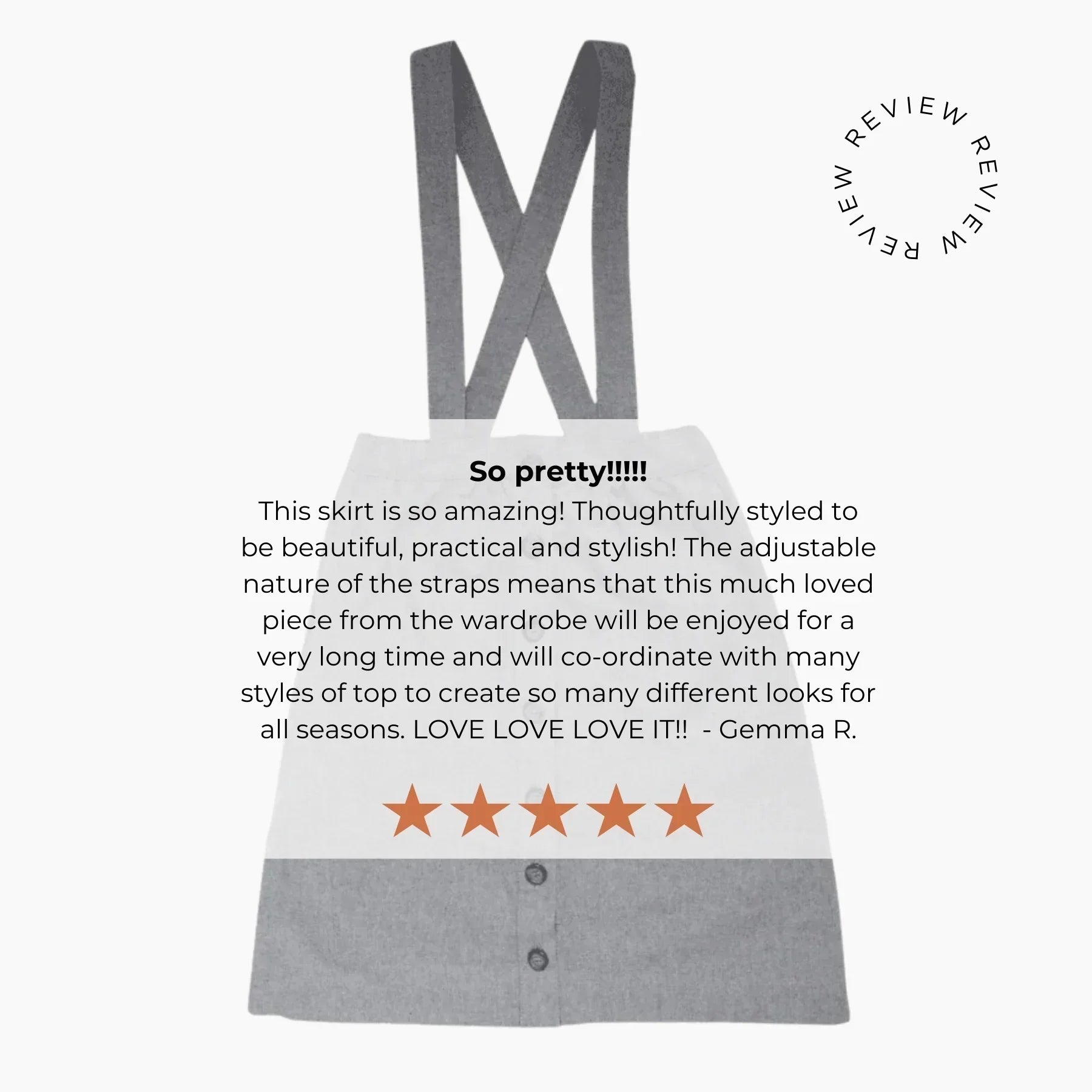 Gray skirt with suspenders on a white background, featuring a five-star review.