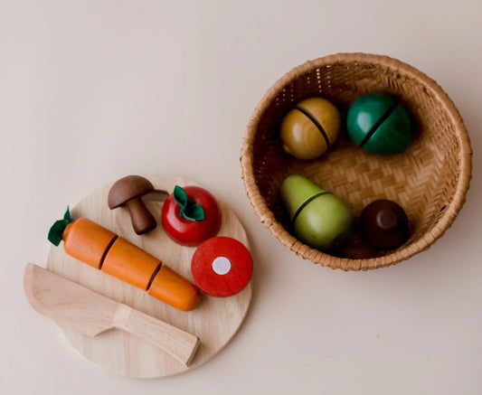 wooden produce set with basket, knife, and cutting board