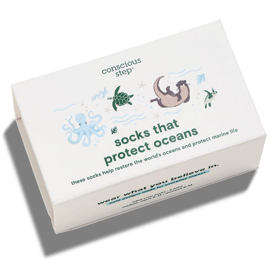 Box of socks that protect oceans with ocean-themed graphics and text.