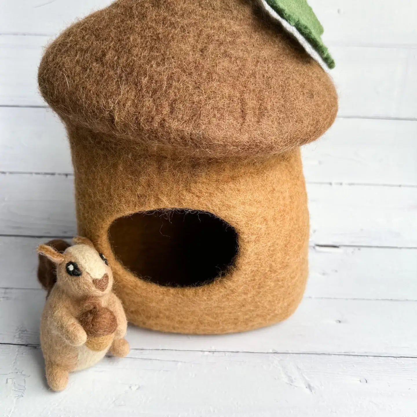 felt acorn cottage with felt squirrel