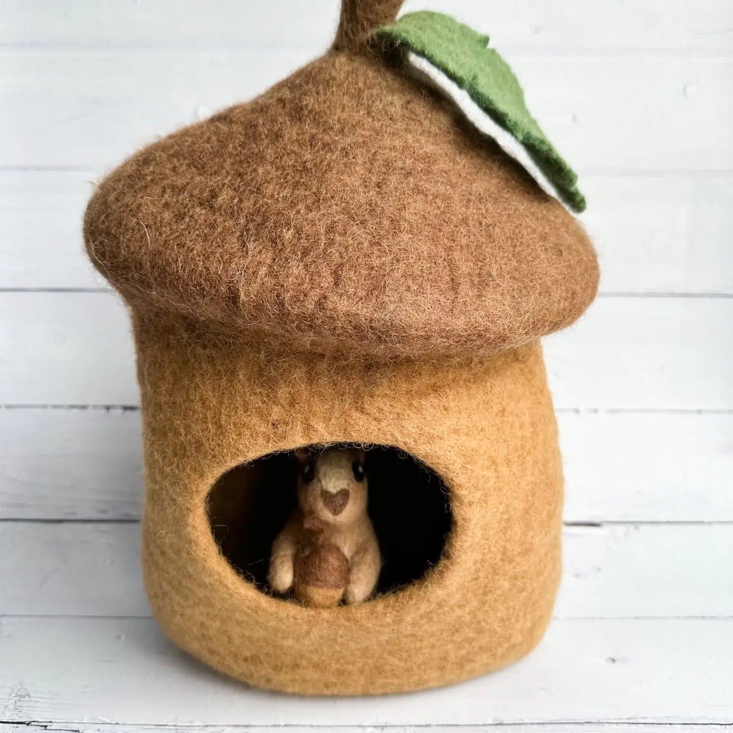 felt acorn cottage with felt squirrel inside