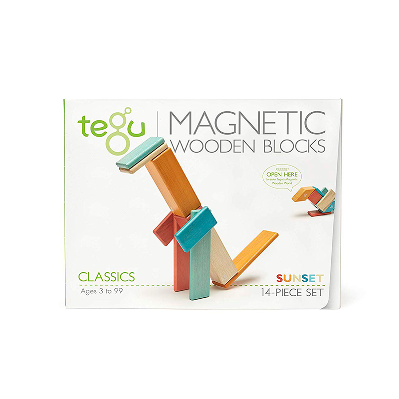 Tegu Magnetic Wooden Blocks packaging with colorful blocks on a white background