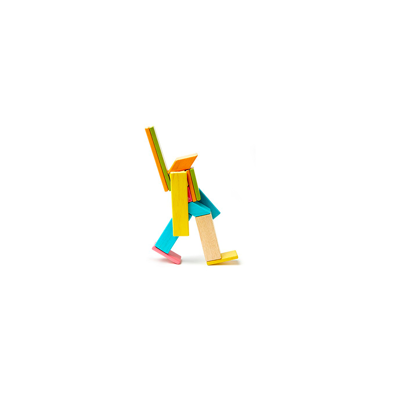 Colorful wooden toy figure walking on a white background