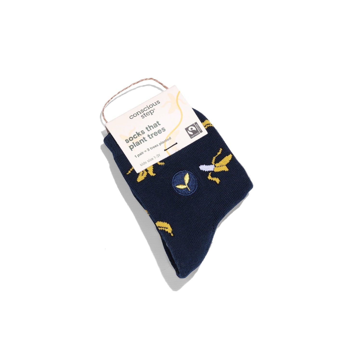 Navy blue socks with bird designs on a white background