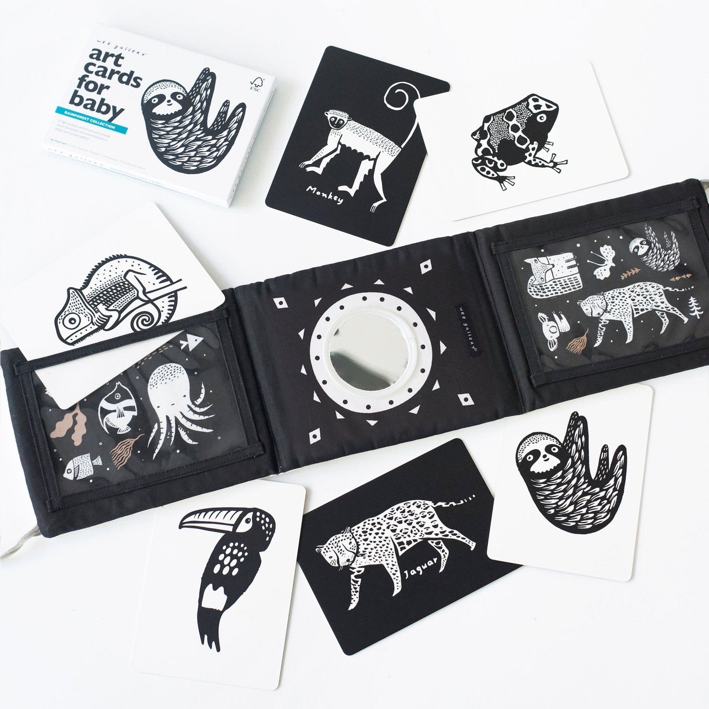 Black and white art cards for baby with animal illustrations on a white background