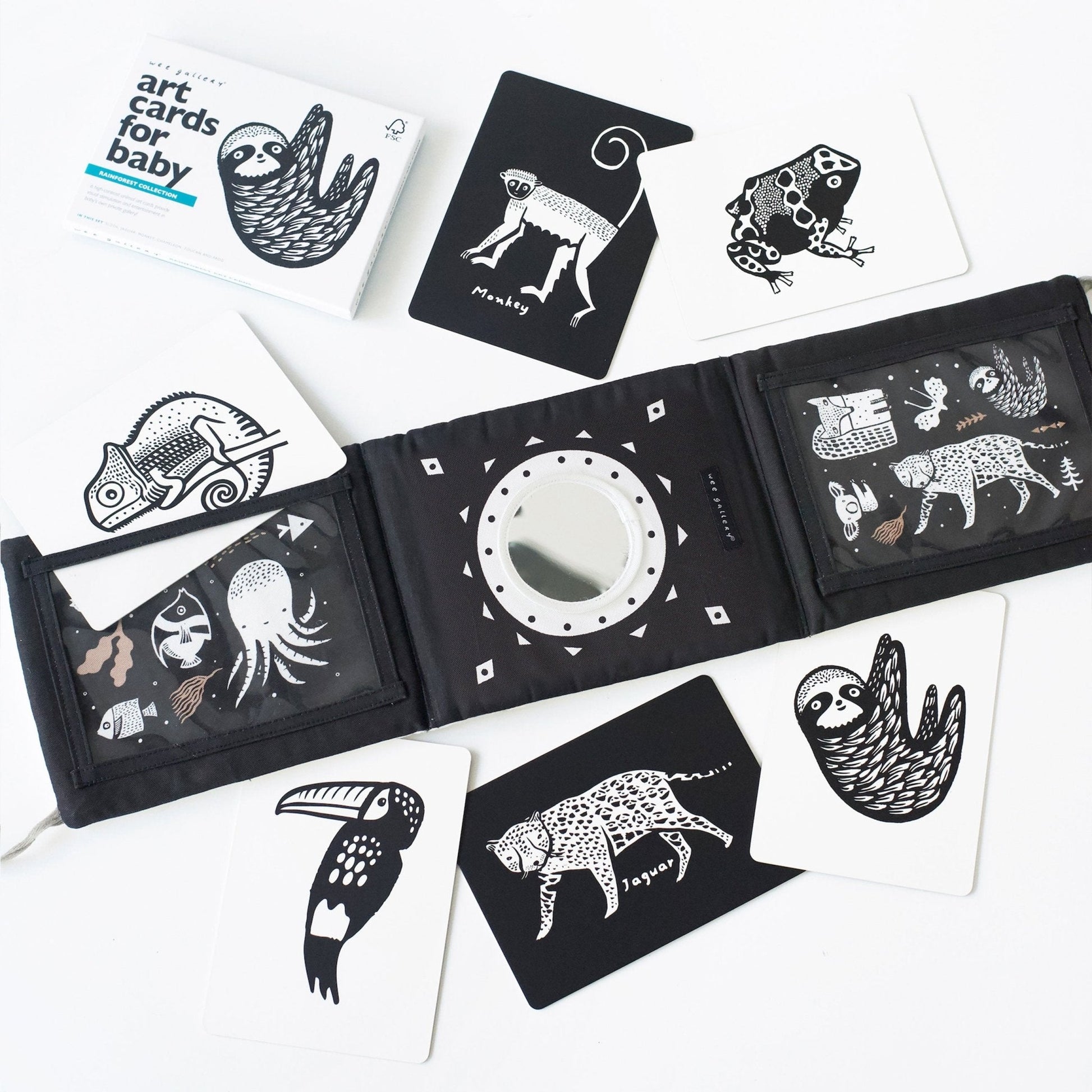 Black and white art cards for baby with animal illustrations on a white background