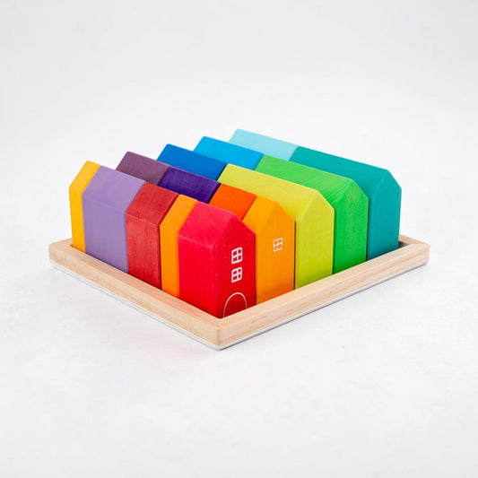 15-Piece Stained Little Village Wooden House Building Blocks Se