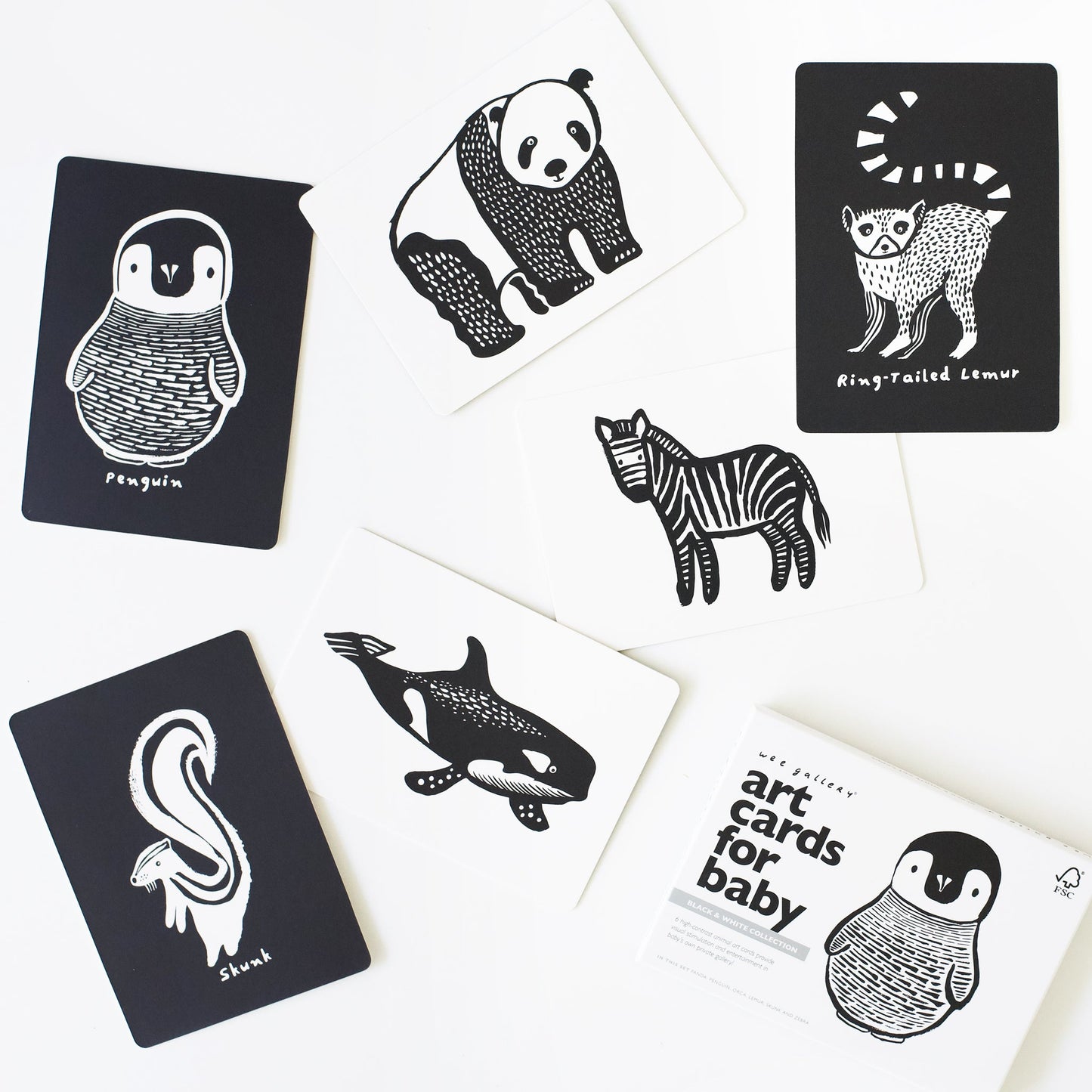 Set of black and white animal illustration cards on a white background