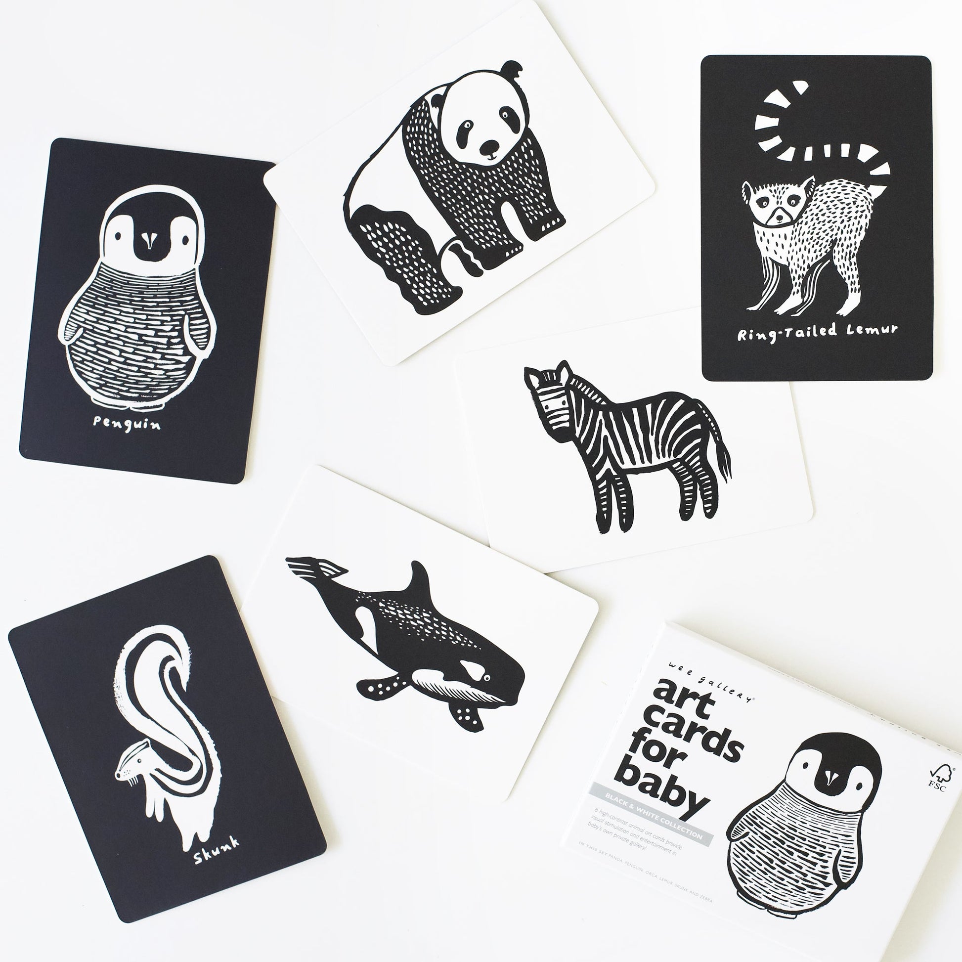 Set of black and white animal illustration cards on a white background