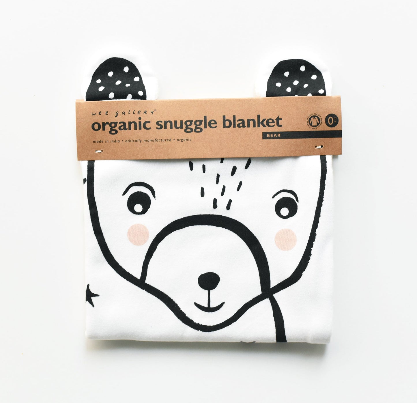 Organic snuggle blanket with bear design and 'Wet Gallery' branding on a white background